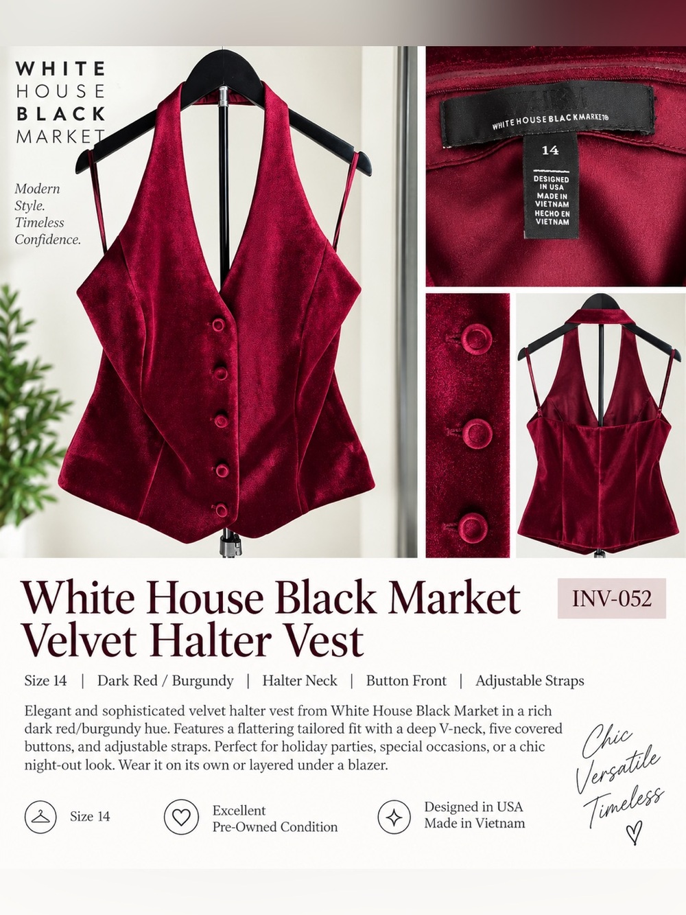 White House Black Market Burgundy Velvet Halter Vest